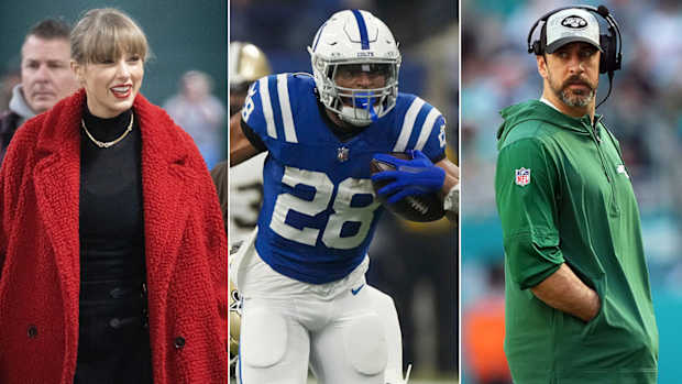 Separate photos of Taylor Swift, Jonathan Taylor and Aaron Rodgers